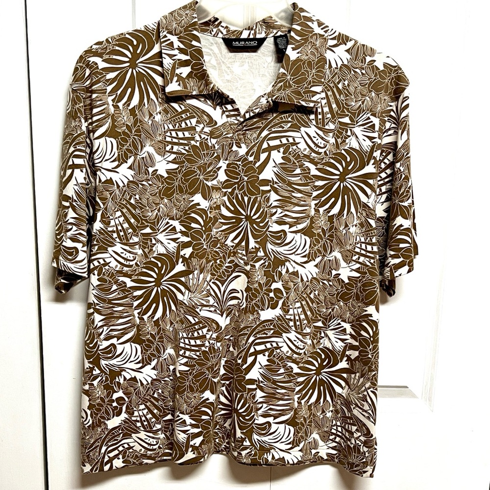 Murano Brown and White Tropical Print Short-Sleeve Polo Size L